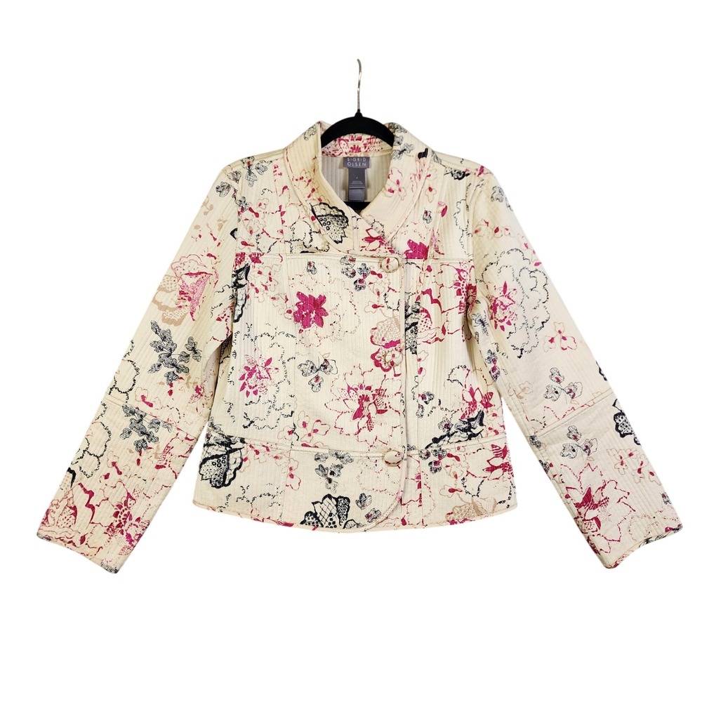 Sigrid Olsen Womens Silk Blend Quilted Floral Jacket‎ Size 6 Cream Pink Asian